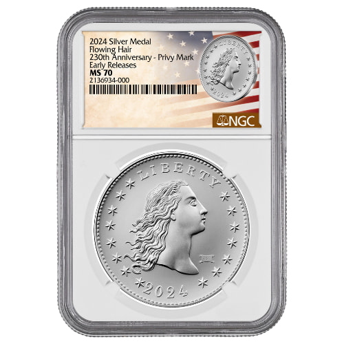 230 Privy 2024 NGC MS-70 Early Releases 1 oz US 230th Anniversary Flowing Hair Silver Medal with Privy Mark - Flowing Hair Label