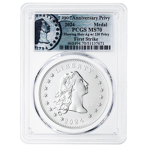 2024 PCGS MS-70 First Strike 1 oz US 230th Anniversary Flowing Hair Silver Medal with Privy Mark - Flowing Hair Label