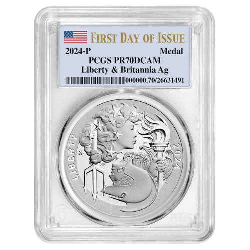 2024-P PCGS PR-70 FDI First Day of Issue 1 oz Liberty and Britannia Proof Silver Medal