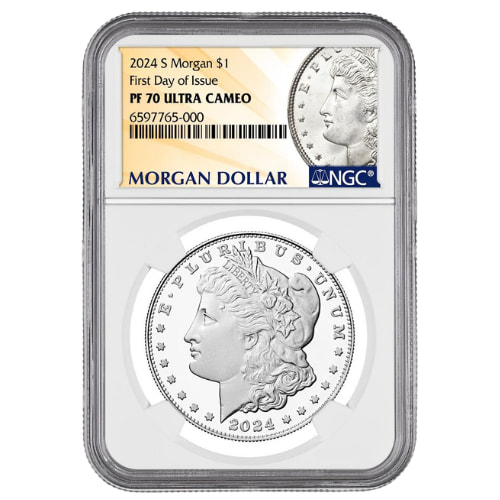 2024-S NGC PF-70 UC First Day of Issue Morgan Dollar Proof Silver Coin - Morgan Dollar Label