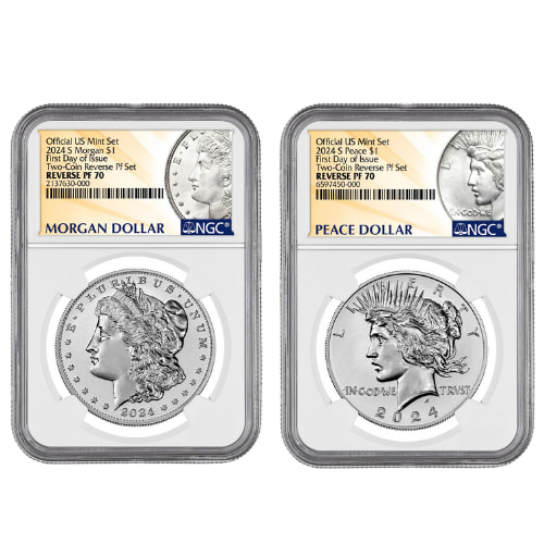 2024-S NGC PF-70 First Day of Issue Morgan & Peace Dollar Reverse Proof Silver 2-Coin Set - Morgan & Peace Labels