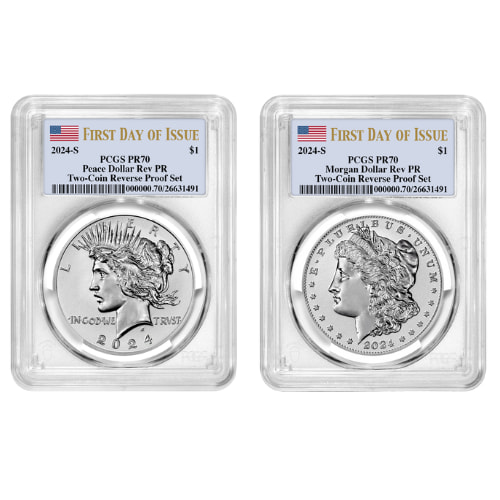 2024-S PCGS PR-70 First Day of Issue Morgan & Peace Dollar Reverse Proof Silver 2-Coin Set