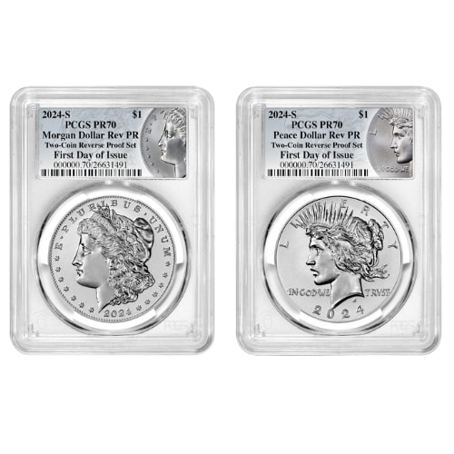 2024-S PCGS PR-70 First Day of Issue Morgan & Peace Dollar Reverse Proof Silver 2-Coin Set - Morgan & Peace Labels