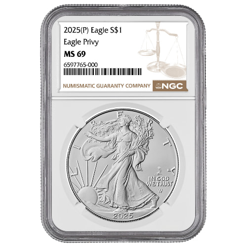 2025-(P) NGC MS-69 Eagle Privy 1 oz American Silver Eagle Coin - Brown Label