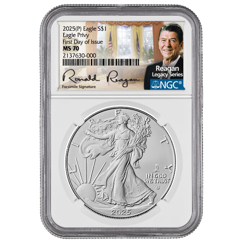 2025-(P) NGC MS-70 First Day of Issue Eagle Privy 1 oz American Silver Eagle Coin - Exclusive Reagan Label
