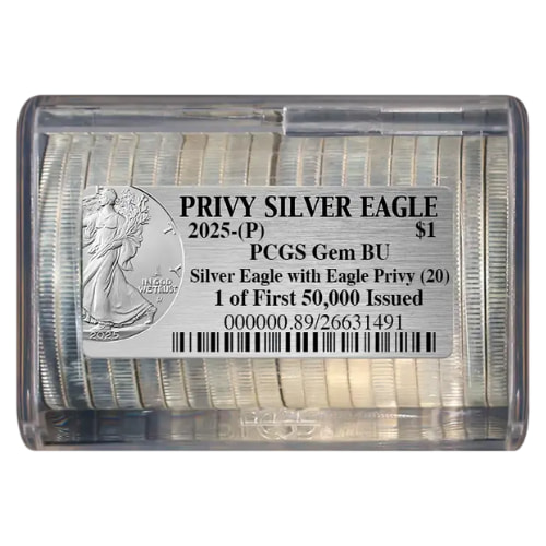 2025-(P) PCGS Gem BU One of First 50,000 Issued Eagle Privy 1 oz American Silver Eagle Coin - Tube of 20