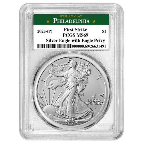 2025-(P) PCGS MS-69 First Strike Eagle Privy 1 oz American Silver Eagle Coin - Philadelphia Label