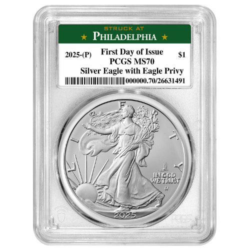 2025-(P) PCGS MS-70 First Day of Issue Eagle Privy 1 oz American Silver Eagle Coin - Philadelphia Label