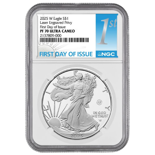 2025-W NGC PF-70 First Day of Issue U.S. Laser Privy 1 oz American Silver Eagle Proof Coin