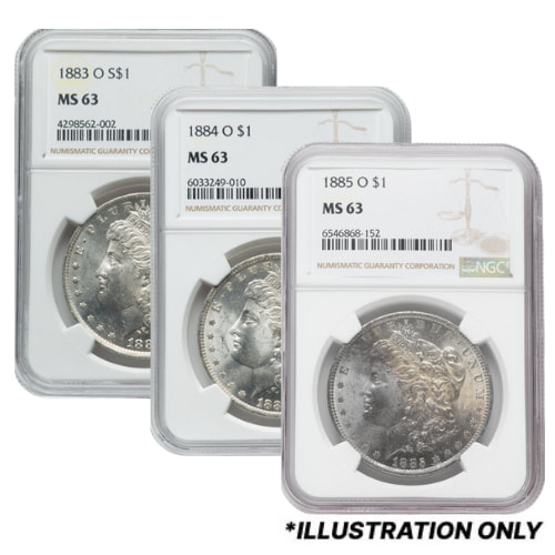 1883-1885-O NGC MS-63 Morgan Dollar Silver 3 Coin Set