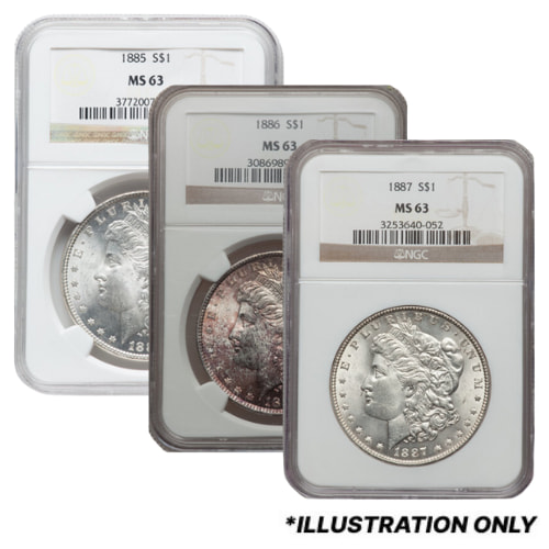 1885-1887 Silver Morgan Dollar NGC MS-63 3 Coin Set