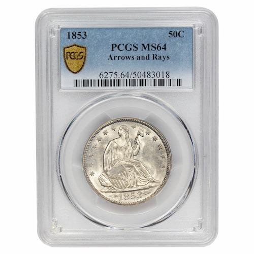 1853 US Silver Seated Arrows and Rays Half Dollar PCGS MS-64