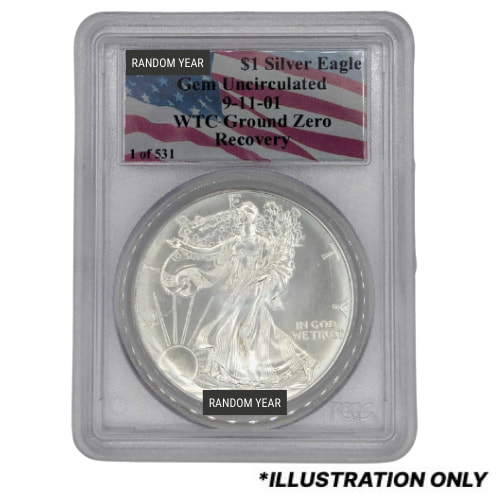 PCGS GEM Uncirculated 1 oz American Silver Eagle Coin - Ground Zero Recovery Label - Random Year