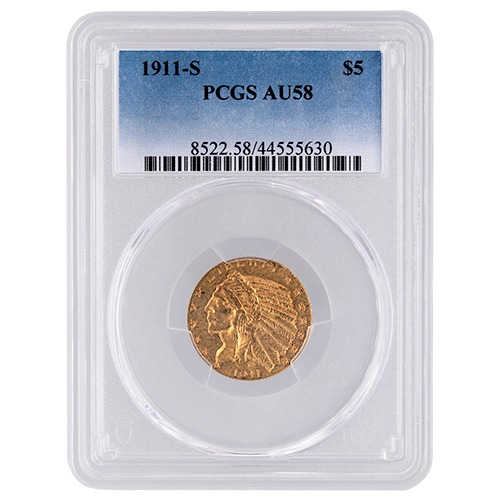 1911-S PCGS AU-58 $5 Indian Half Eagle Gold Coin