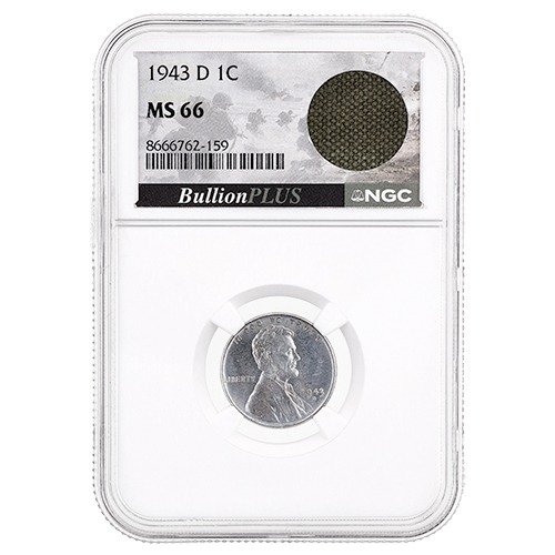 1943-D US Lincoln Steel Cent NGC MS-66 WWII Bazooka Bag Frag
