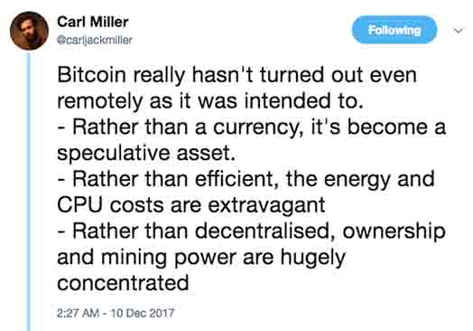 Carl Miller Bitcoin Tweet Not a Currency