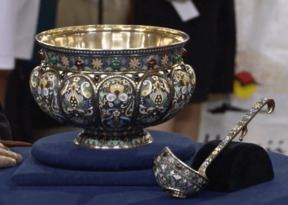 1890 Russian enamel silver punch bowl and ladle