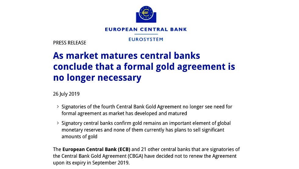 Central Bank Gold Agreement No Longer Necessary in Europe