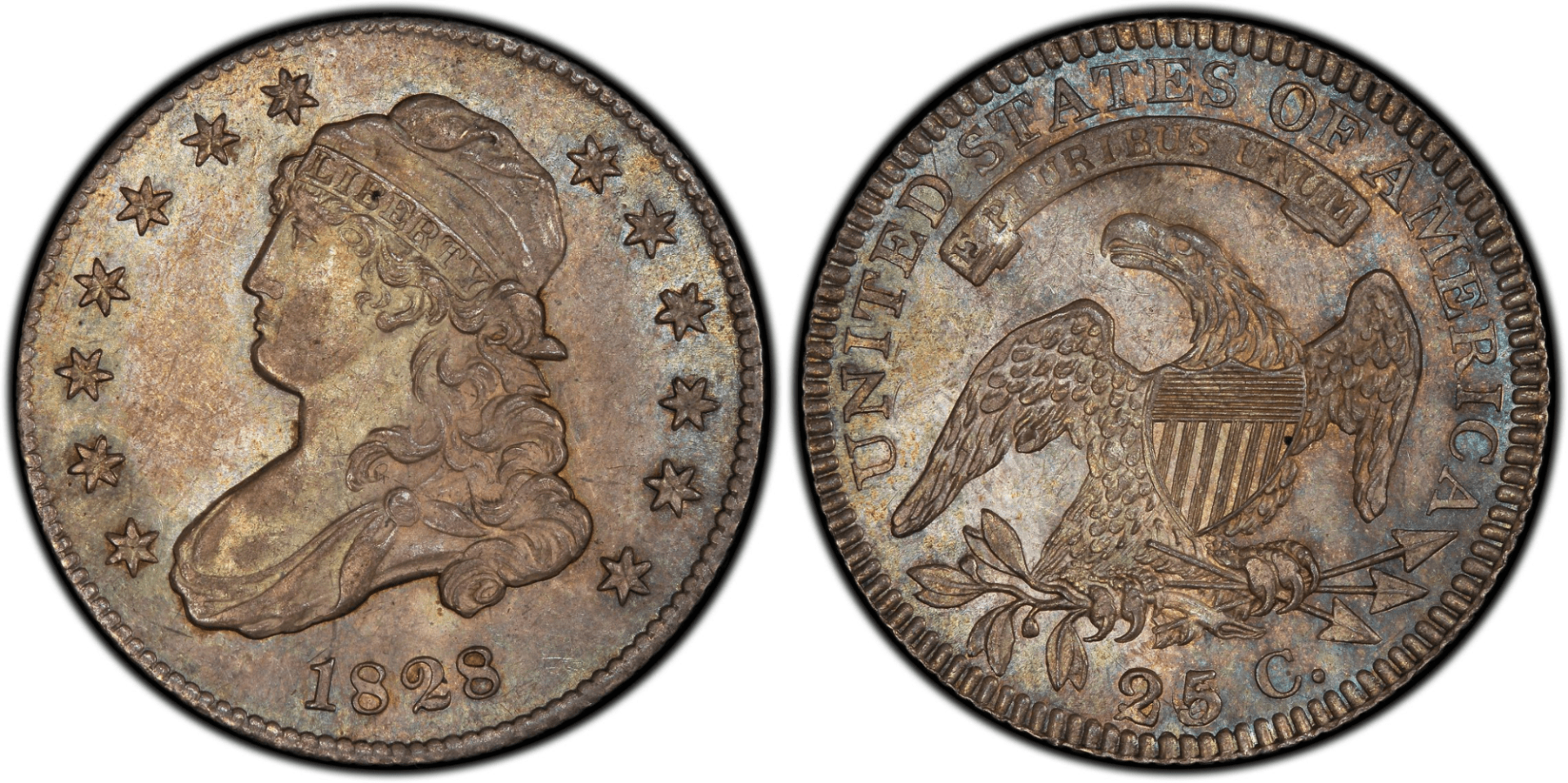 1828 B-3 25/5/50 Error Reverse Capped Bust Quarter