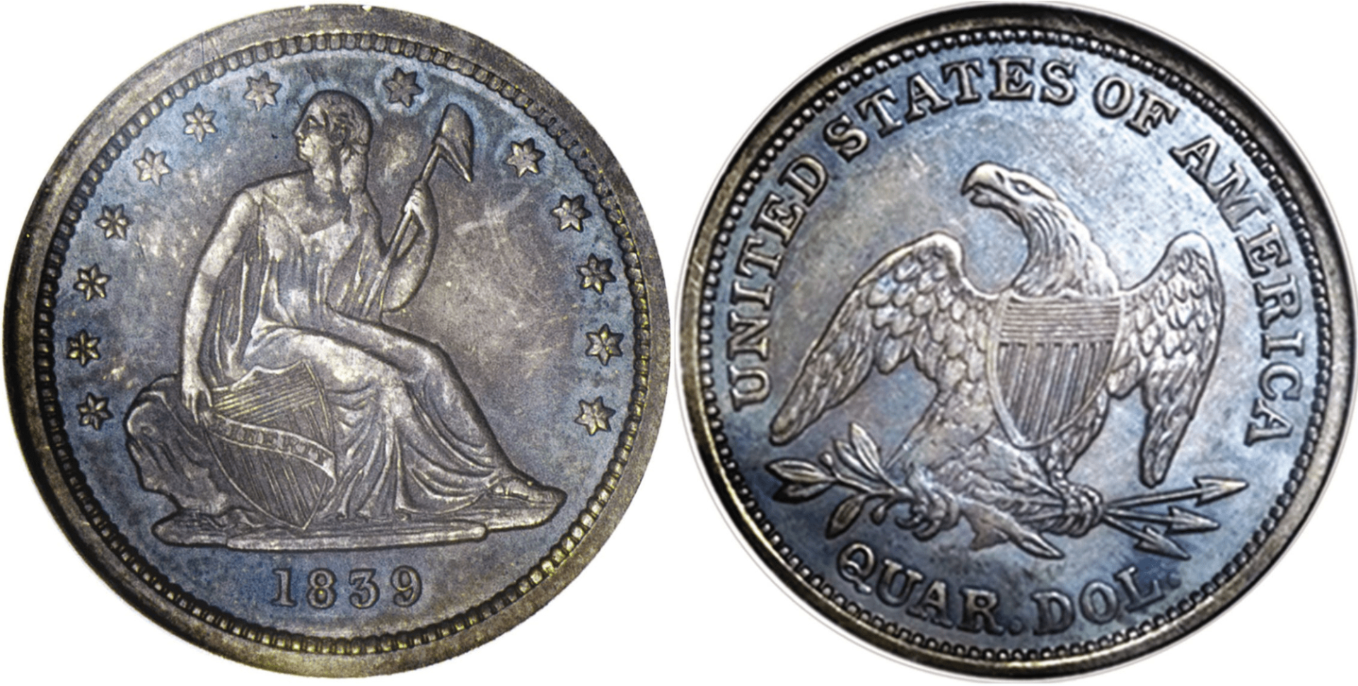 1839 No Drapery Proof Seated Liberty Quarter