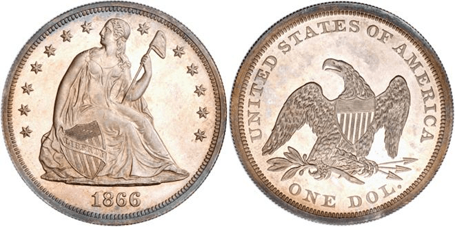 1866 Liberty Seated Dollar No Motto (Proof)